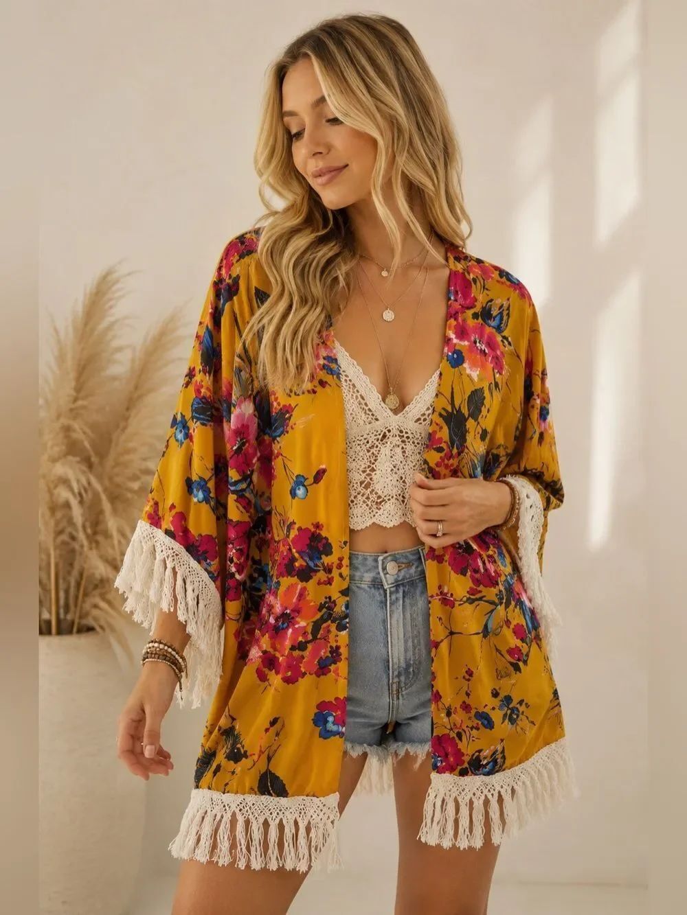 Anthropologie Umgee Mustard Floral Kimono with Fringe